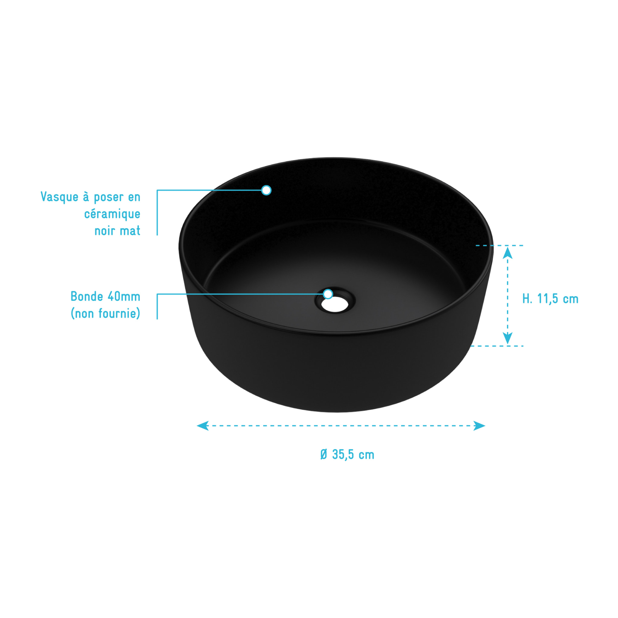 Vasque à poser ronde en céramique noire - Diamètre 36cm - Hauteur 11.5cm - ROUNDY DARK