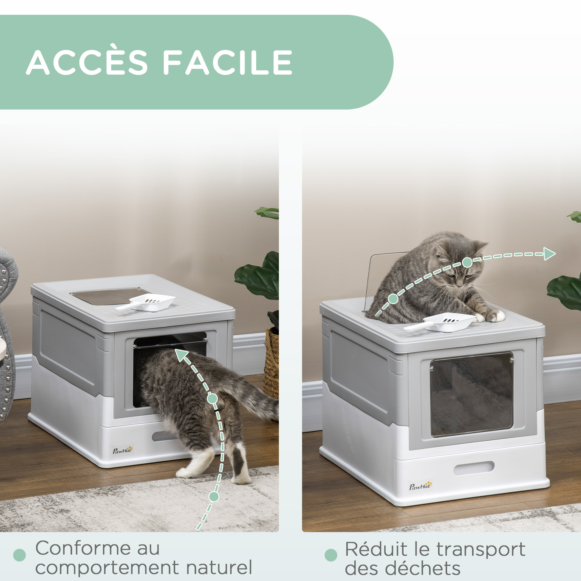 Maison de toilette pliable pour chat - tiroir à litière coulissant, porte battante et trappe transparente, pelle - blanc gris