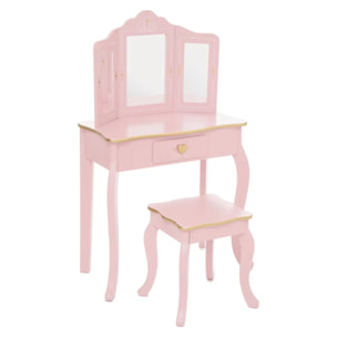 Coiffeuse et tabouret enfant "Sissi" rose L60cm
