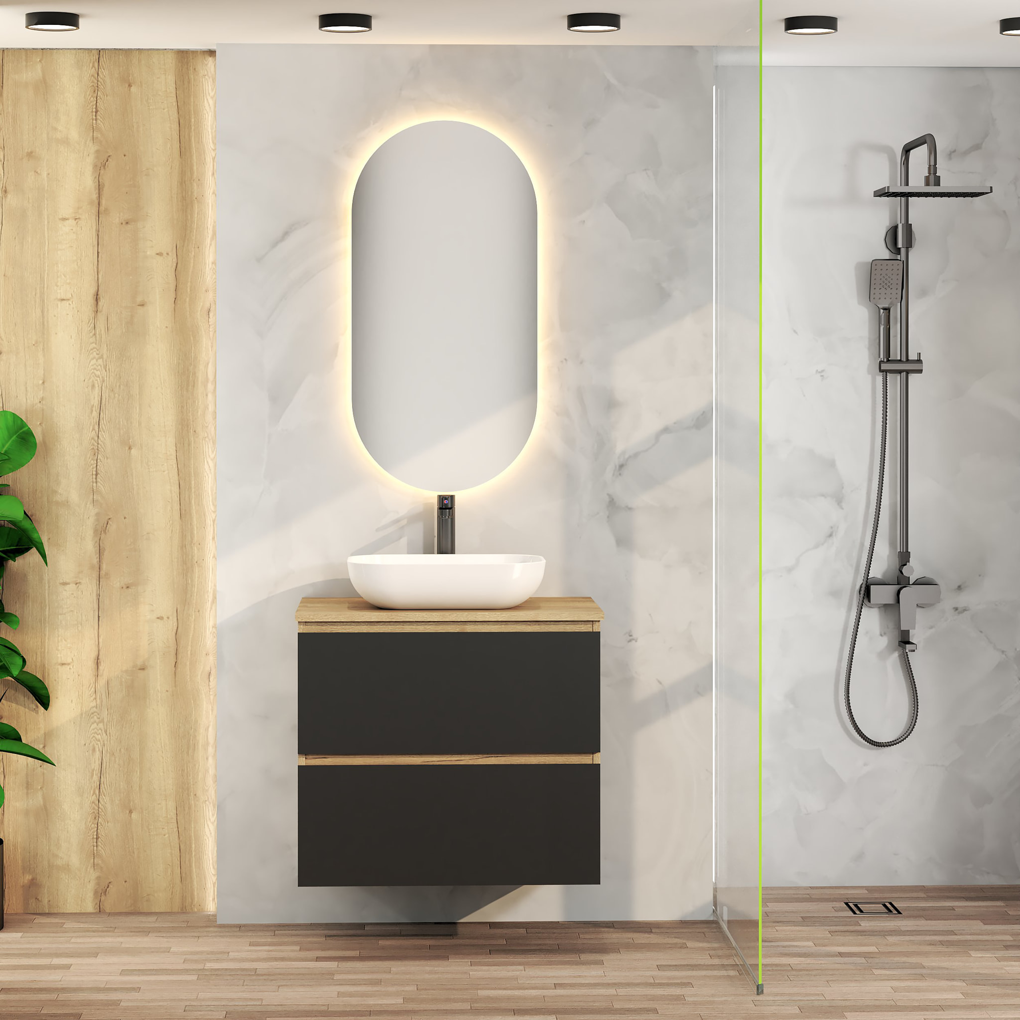 ENSEMBLE DE SALLE DE BAIN NIA | MEUBLE SUSPENDU | 70 CM NOIR | DEUX TIROIRS |LAVABO SUR PLAN | MIROIR NON INCLUS | MEUBLE MONTÉ | ALDAY