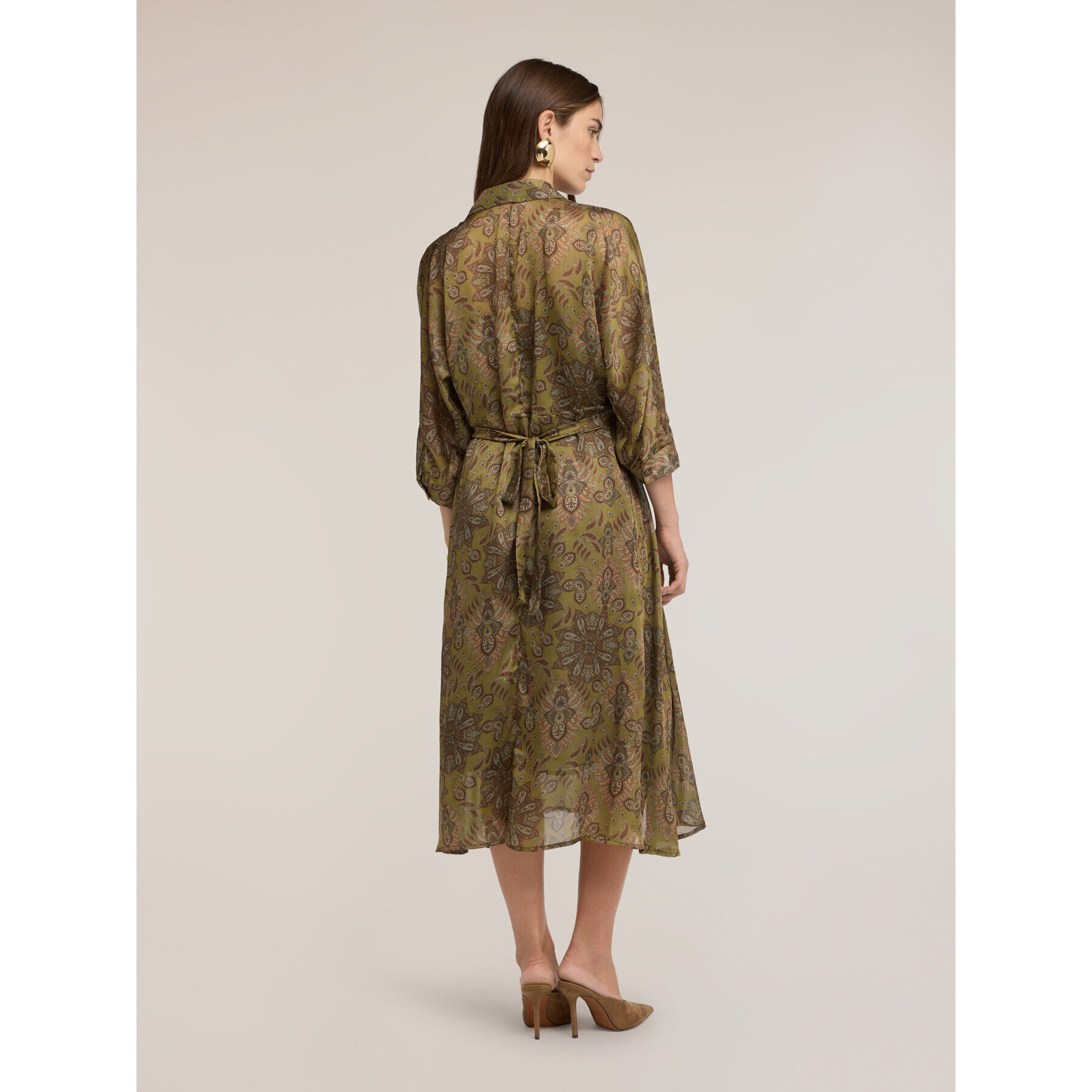 Motivi - Vestido camisero de satén con estampado - Verde militare