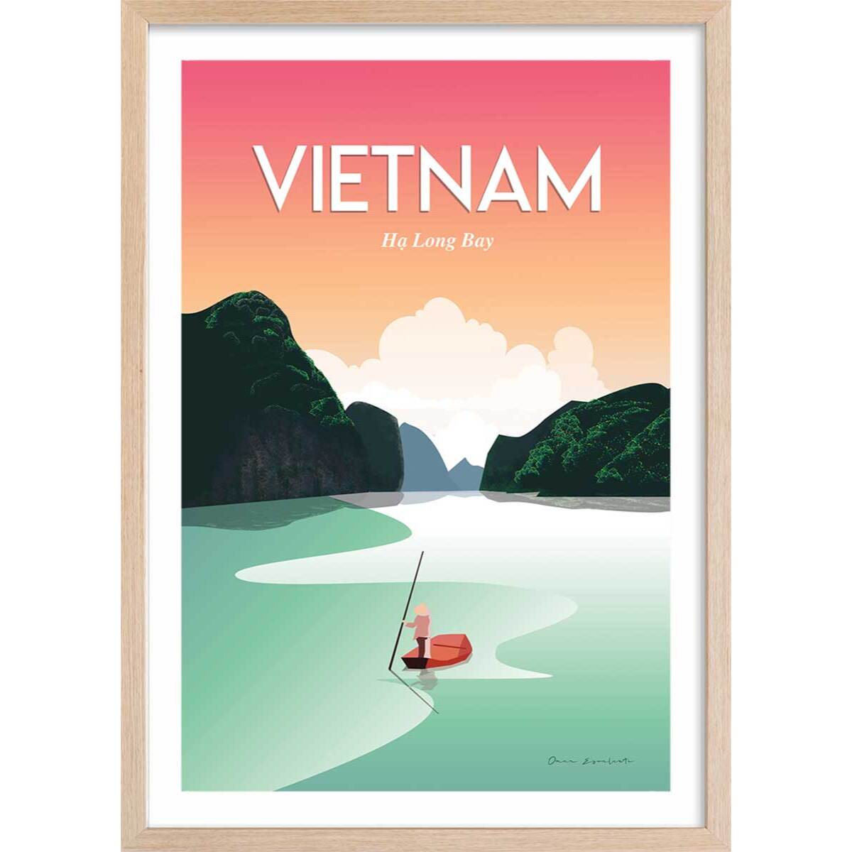 Affiche voyage Vietnam Baie Halong Affiche + cadre en bois - Chêne