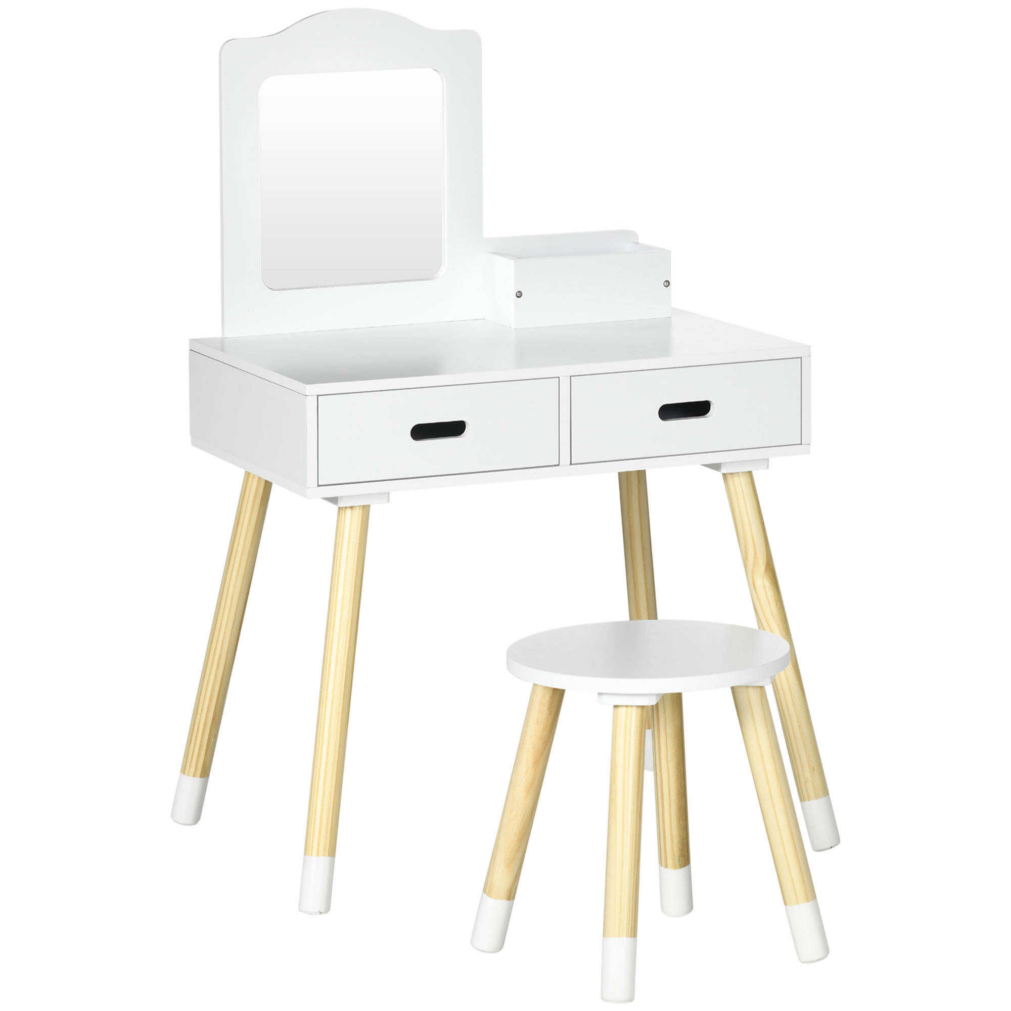 Coiffeuse enfant design scandinave - tabouret inclus - 2 tiroirs, niche, miroir - bois pin MDF blanc