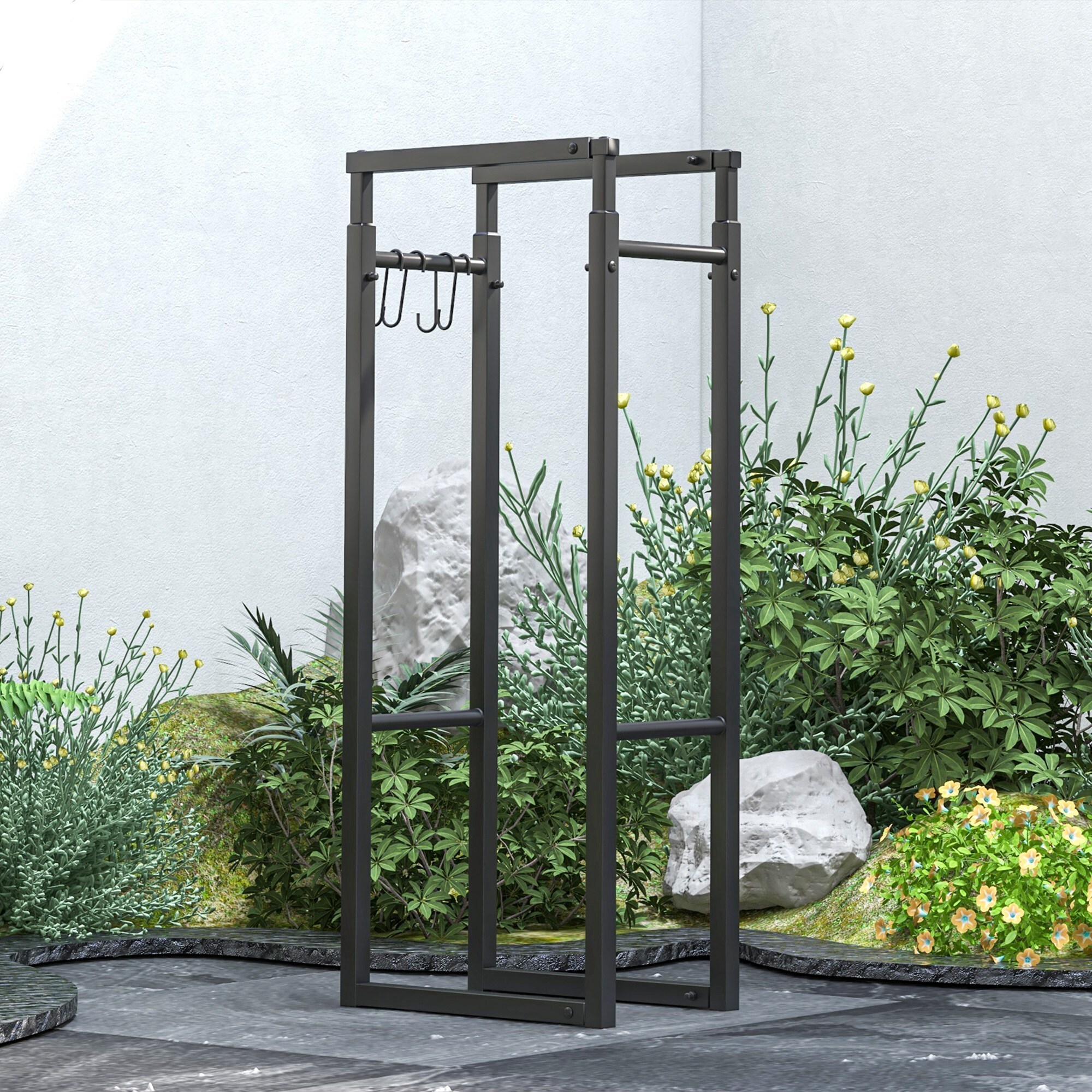 Soporte para Leña Extensible Estante de Leña Metálico Leñero con 4 Ganchos Carga 100 kg para Interior y Exterior 40-65x25x100-150 cm Negro