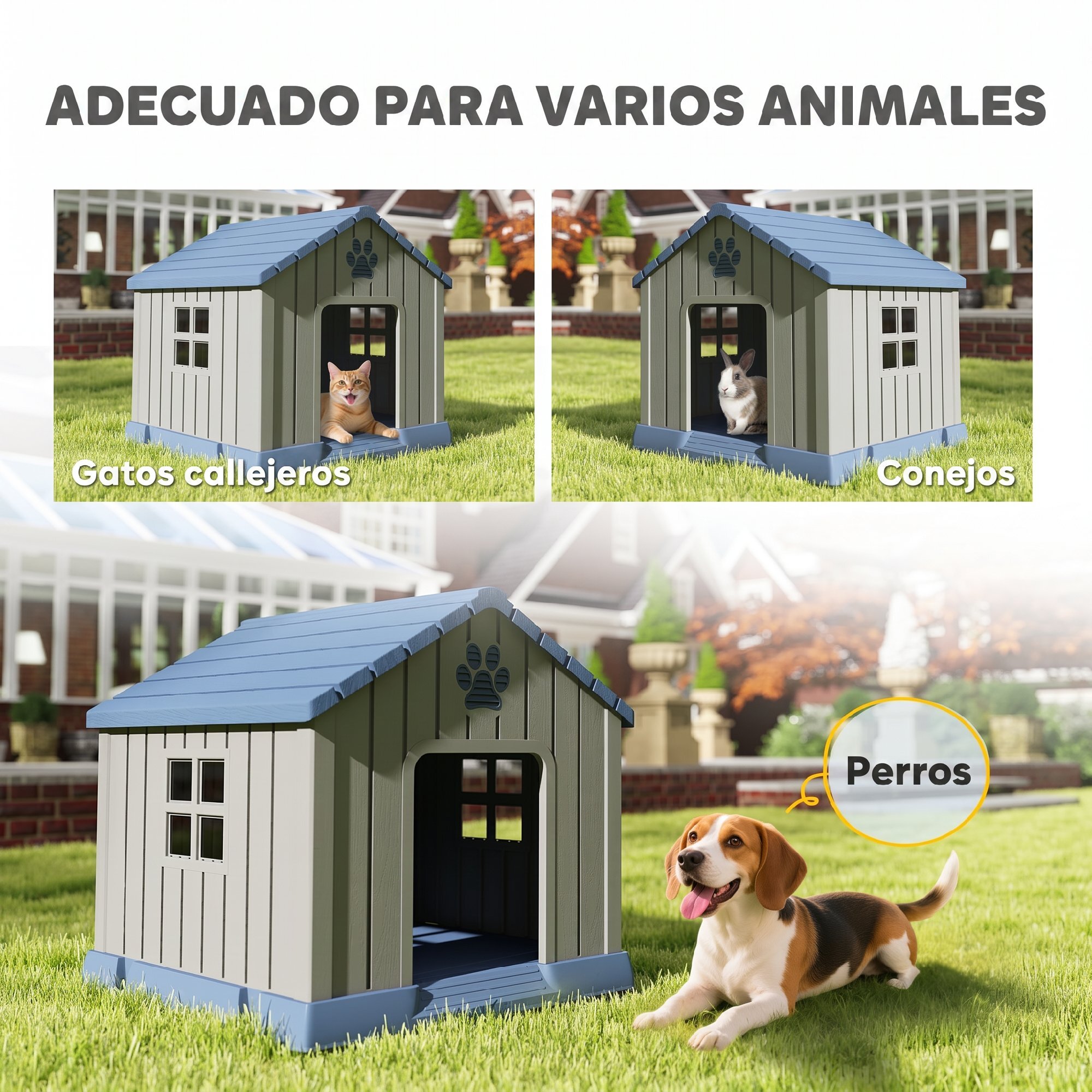 PawHut Caseta para Perros Exterior, Casa para Perros Medianos de Plástico Impermeable con 2 Ventanas, Base Elevada, Estacas, Fácil de Montar, para Jardín y Patio, 85x79x82 cm, Gris