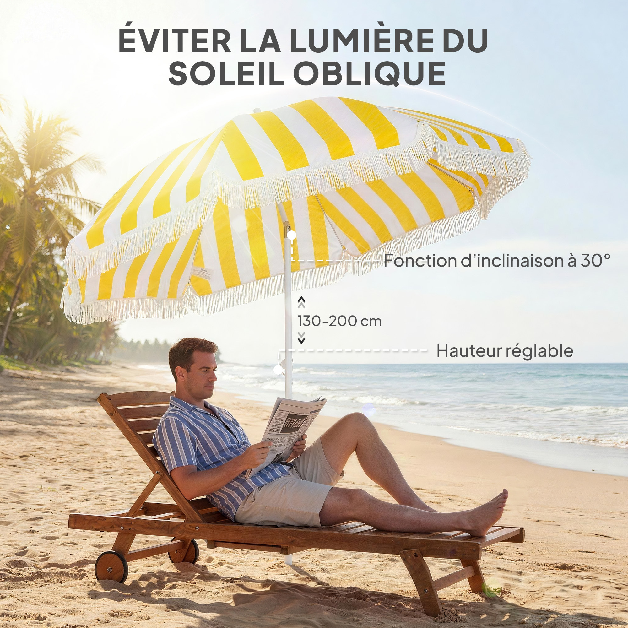 Parasol de plage inclinable à franges dia. 1,8 m jaune blanc rayé