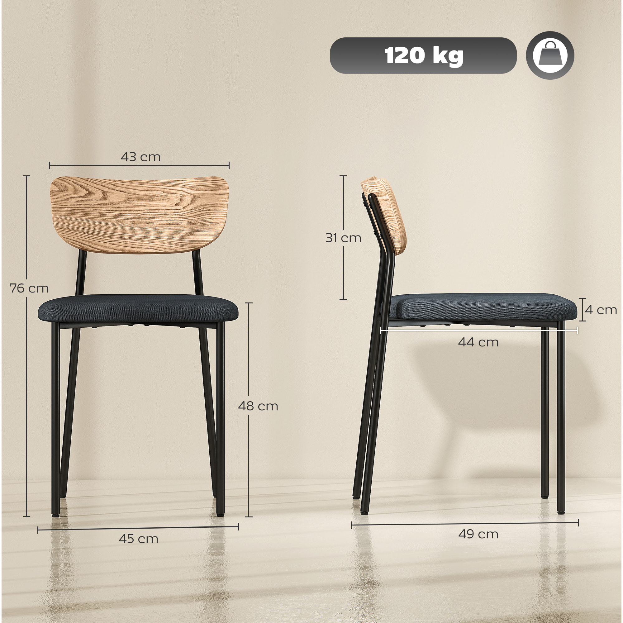 Lot de 2 chaises de salon style néo-rétro assise rembourré tissu gris piètement acier noir dossier effet bois