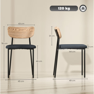 Lot de 2 chaises de salon style néo-rétro assise rembourré tissu gris piètement acier noir dossier effet bois