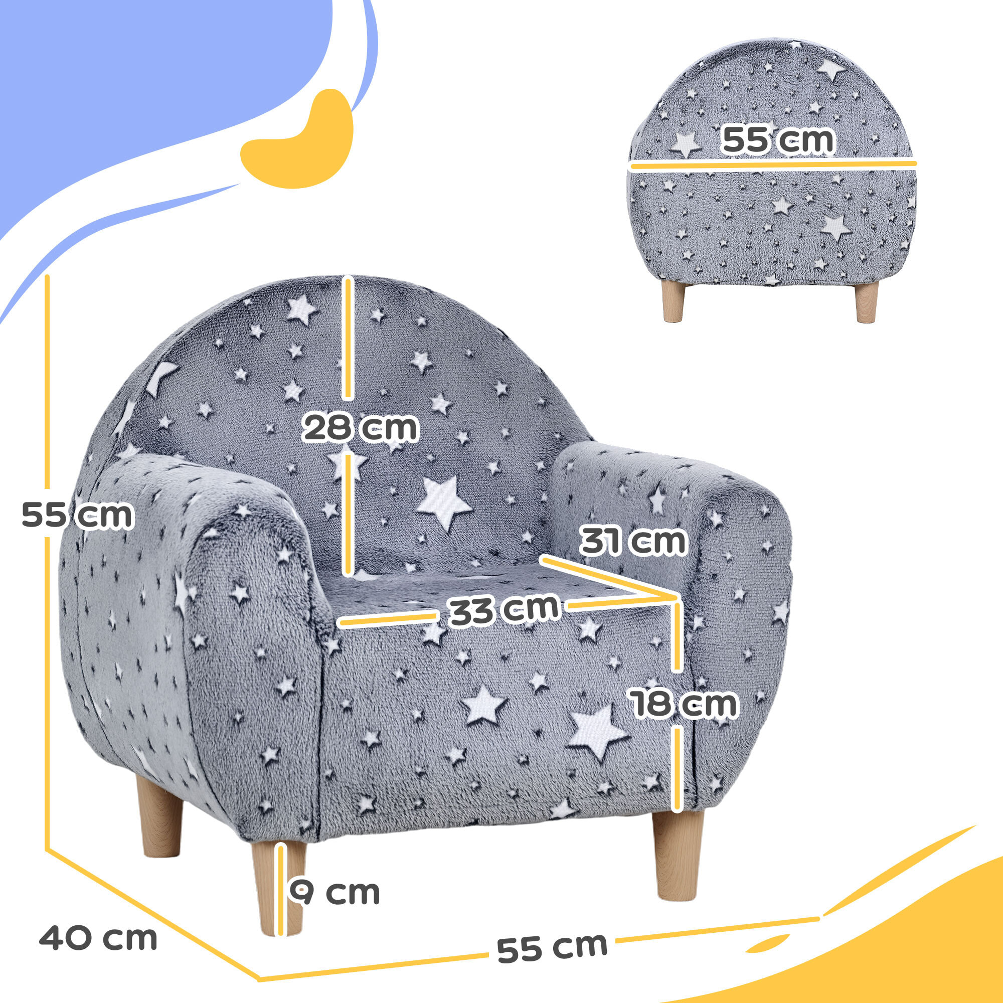 Sillón Infantil con Diseño de Estrellas que Brillan en la Oscuridad Sofá para Niños de 18-36 Meses Tejido Suave de Terciopelo Reposabrazos Carga 45 kg Gris