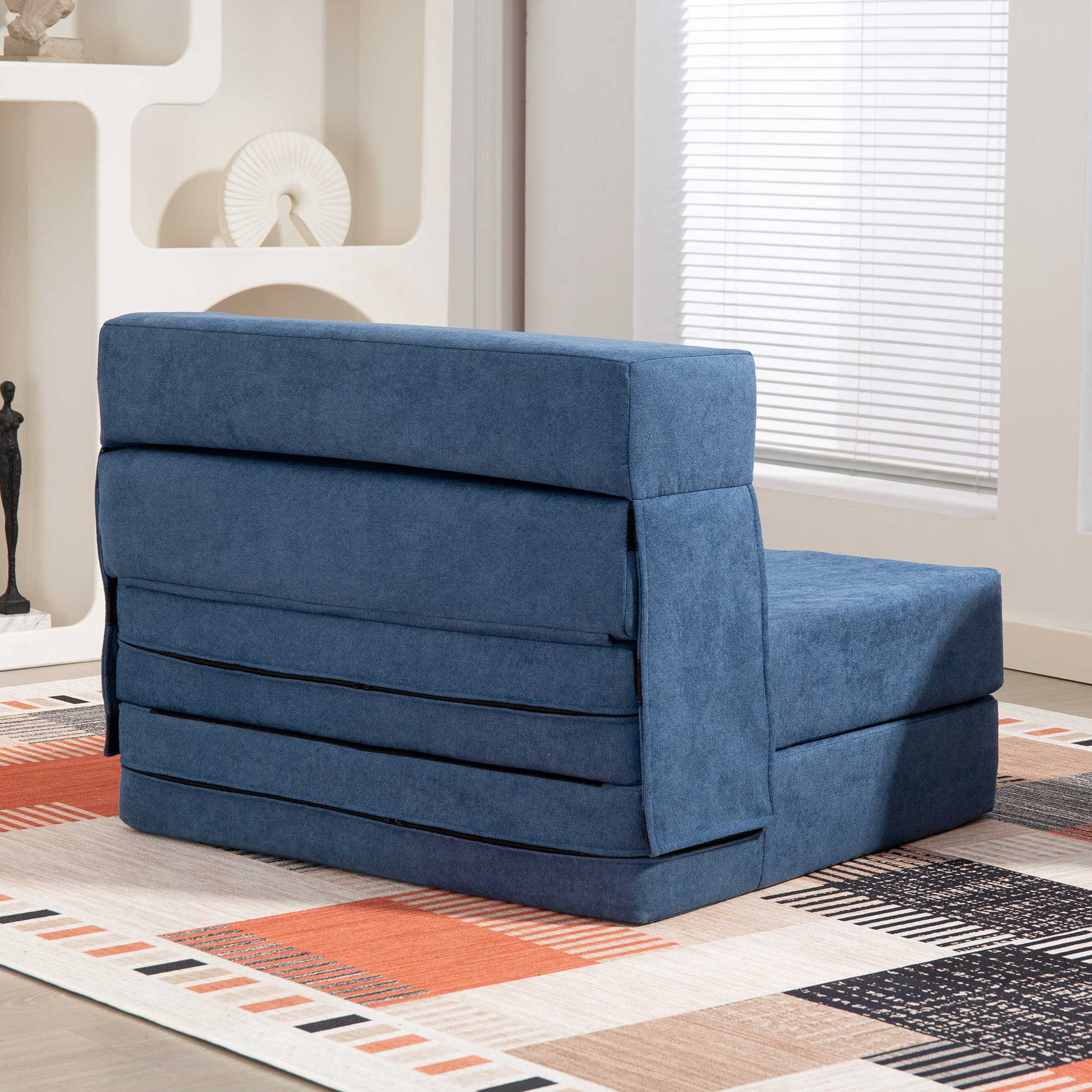 Chauffeuse futon grand confort avec coussin tissu toucher lin bleu