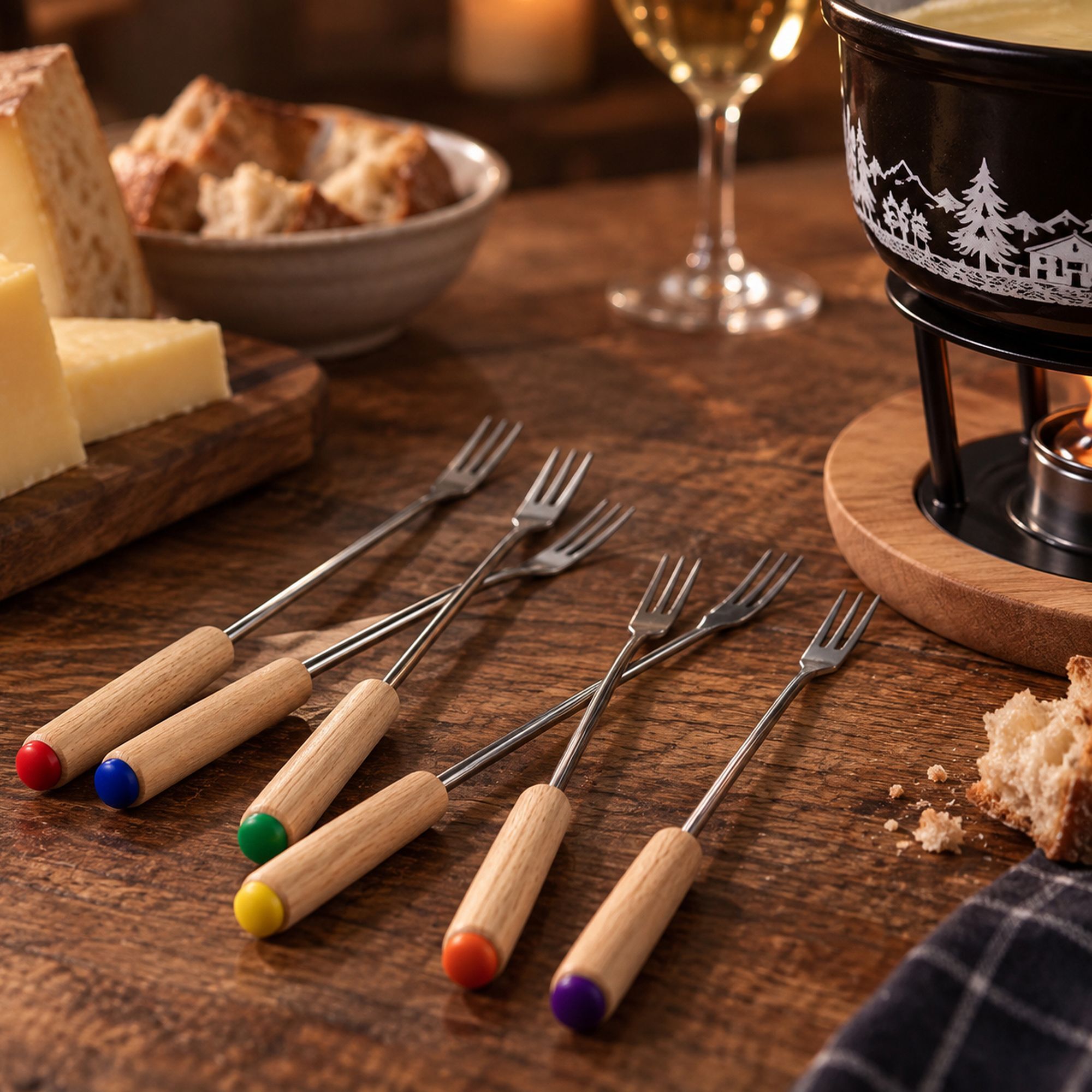 6 fourchettes à fondue en acier inoxydable et bois MONTAGNE