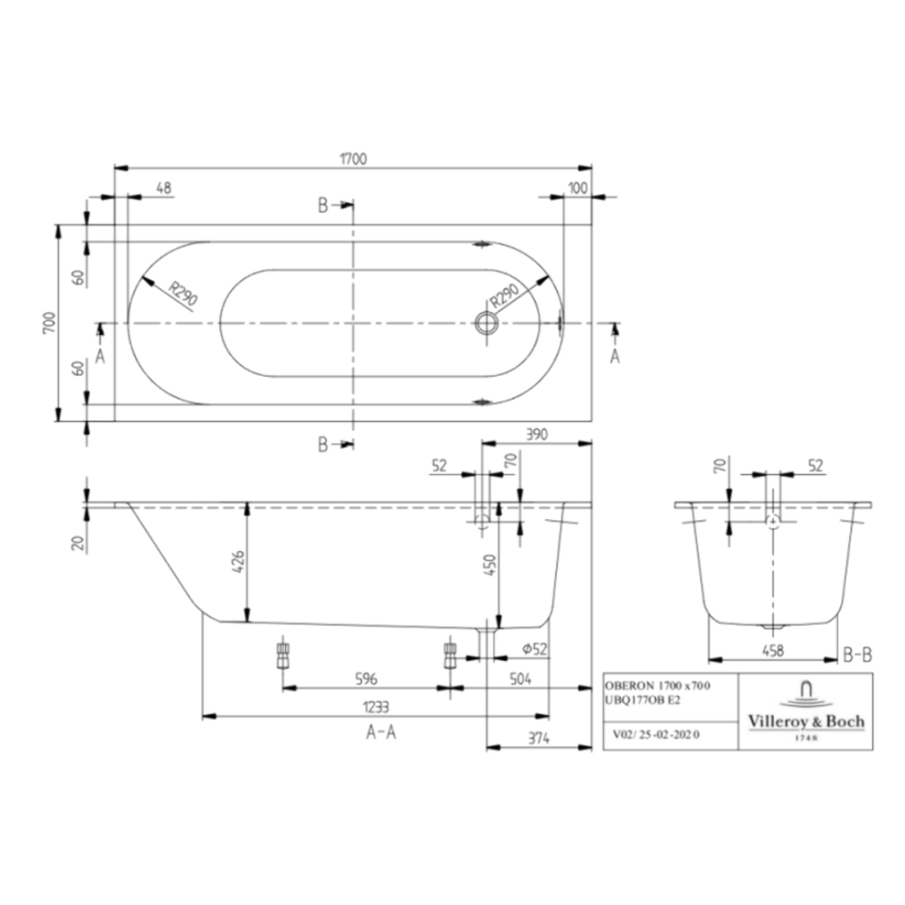 Baignoire droite Oberon quaryl 170 x 70 cm  + Pare bain droite AURYS Raywall Noir mat