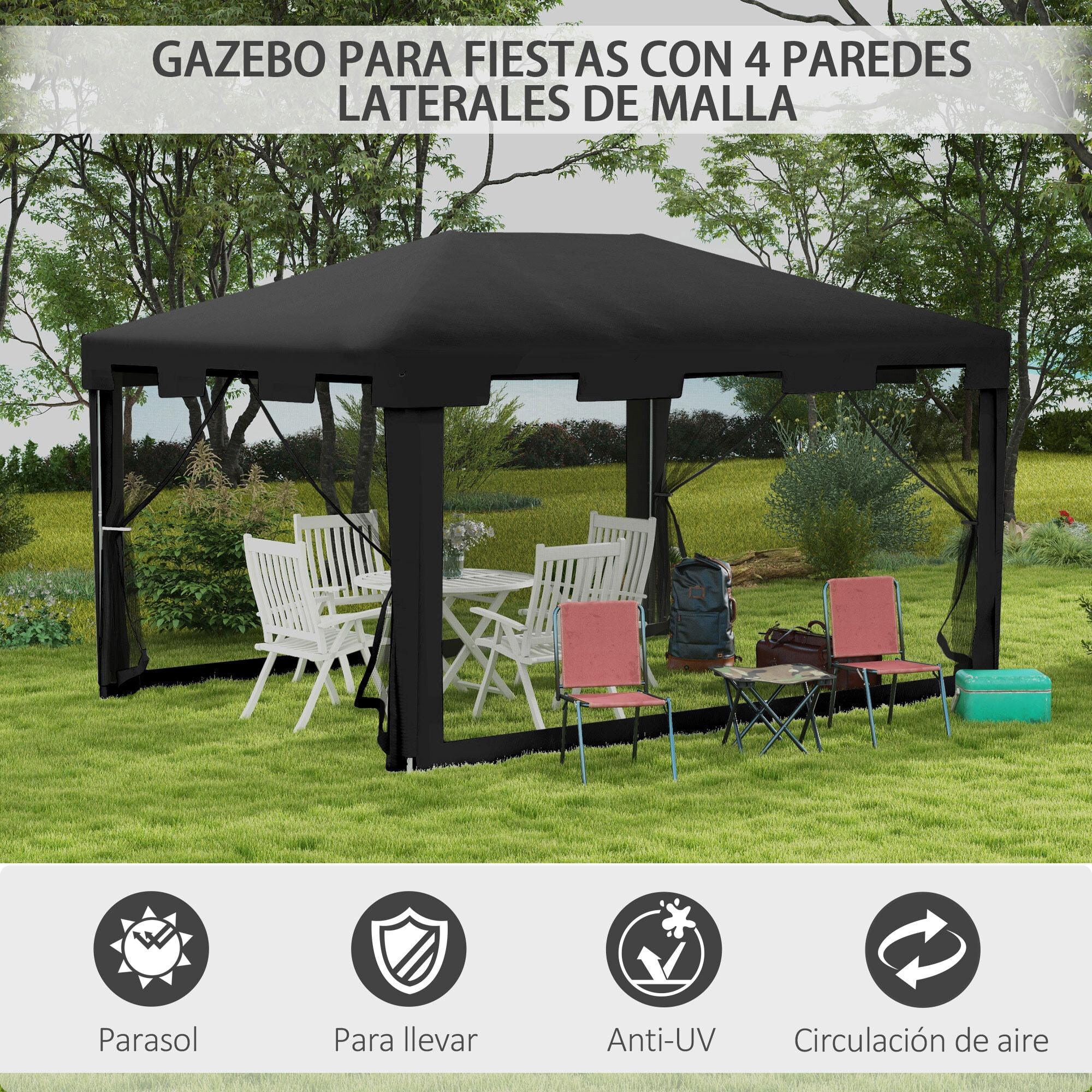 Carpa de Jardín 4x3 m Cenador Desmontable Exterior con 4 Mosquiteras Laterales 2 Puertas con Cremallera y 8 Orificios de Drenaje para Terraza Patio Playa Gris Oscuro