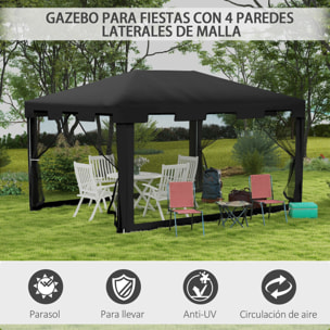 Carpa de Jardín 4x3 m Cenador Desmontable Exterior con 4 Mosquiteras Laterales 2 Puertas con Cremallera y 8 Orificios de Drenaje para Terraza Patio Playa Gris Oscuro