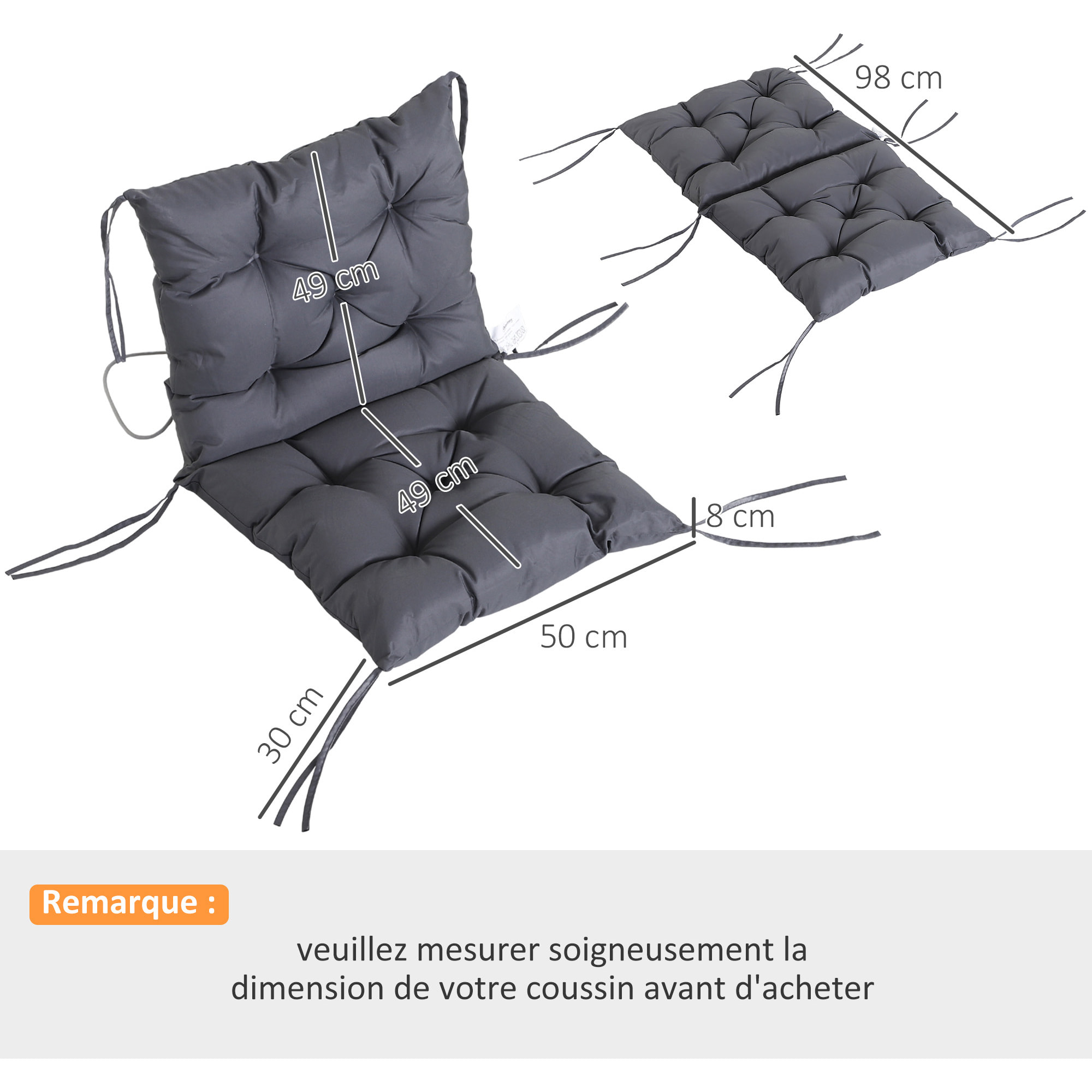 Lot de 2 coussins matelas assise dossier 2 en 1 pour chaise fauteuil grand confort 98L x 50l x 8H cm gris