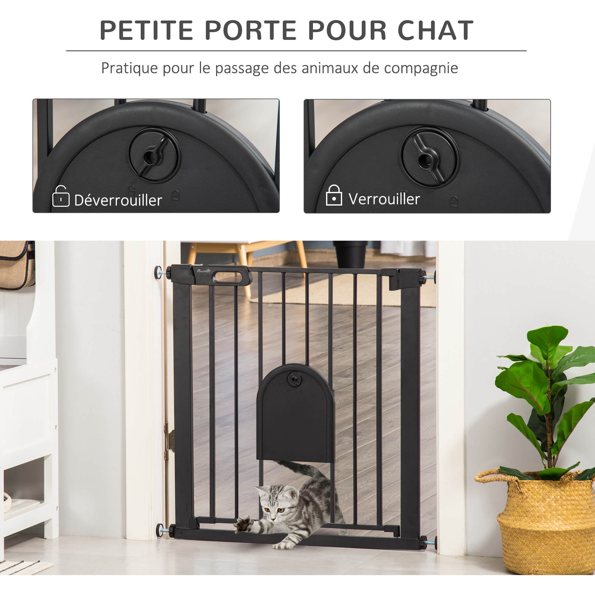 Barrière de sécurité animaux de 76H cm barrière chien chat avec porte fermeture automatique système de double verrouillage fixation par pressionde de 75 à 82 cm acier et ABS noir