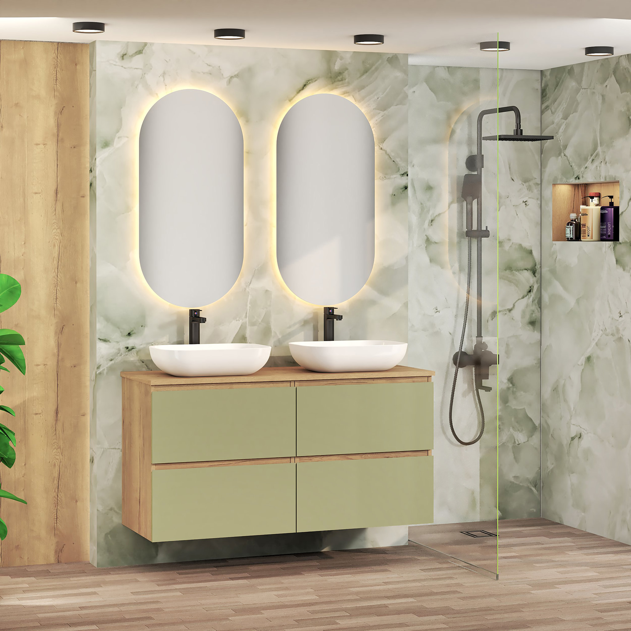 Ensemble de Salle de Bain Nia | Meuble Suspendu | 120 cm Vert | Quatre Tiroirs |Lavabo sur Plan | Miroir non inclus | Meuble Monté | Alday