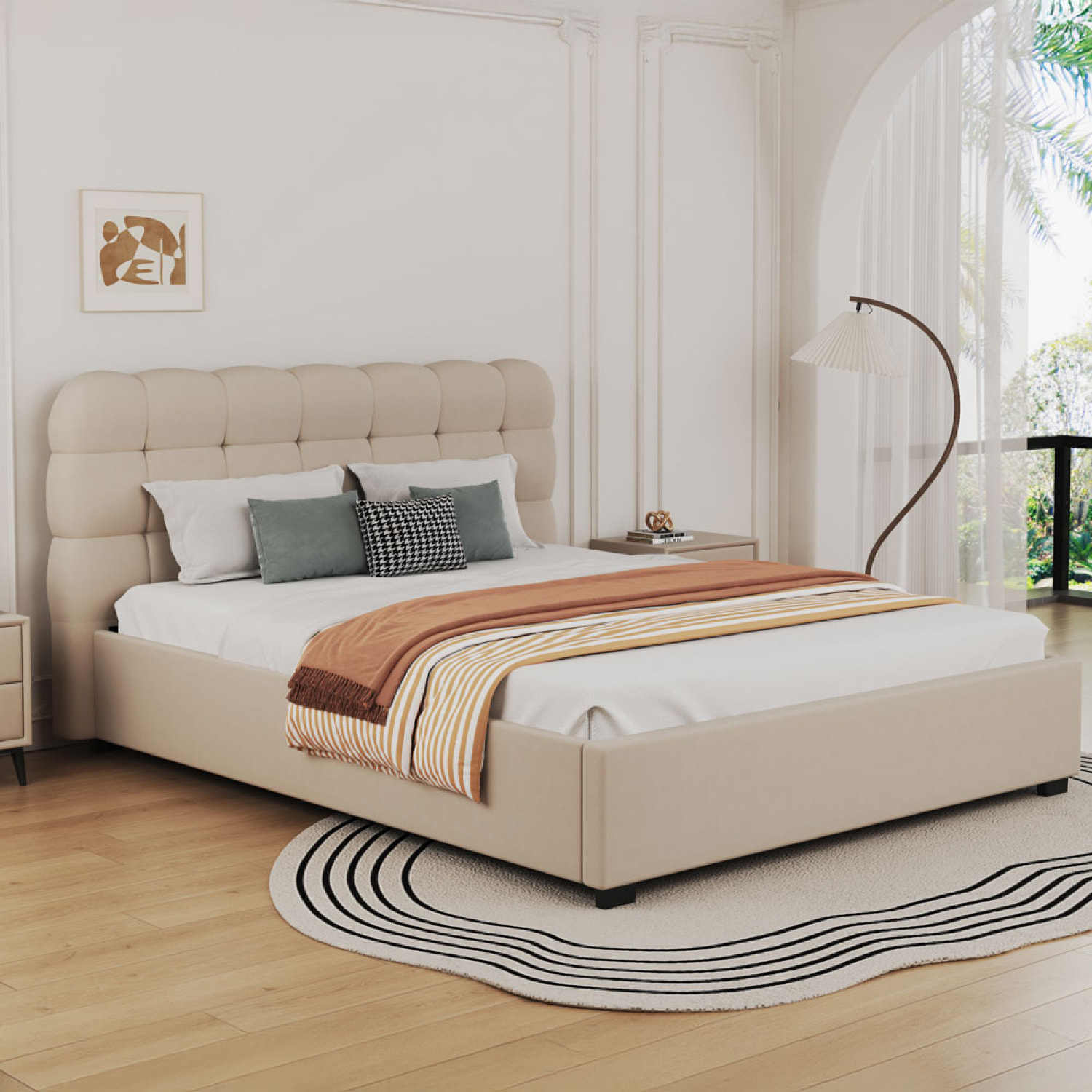 JUNEAU Lit nuage avec coffre de rangement 140x190cm en velours beige