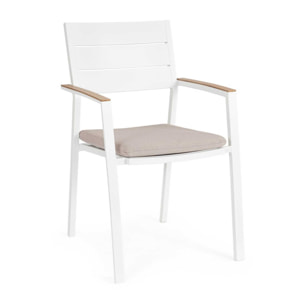 Set 4 sedie da giardino ZELMAR con cuscino tortora, braccioli effetto legno e struttura in alluminio bianco