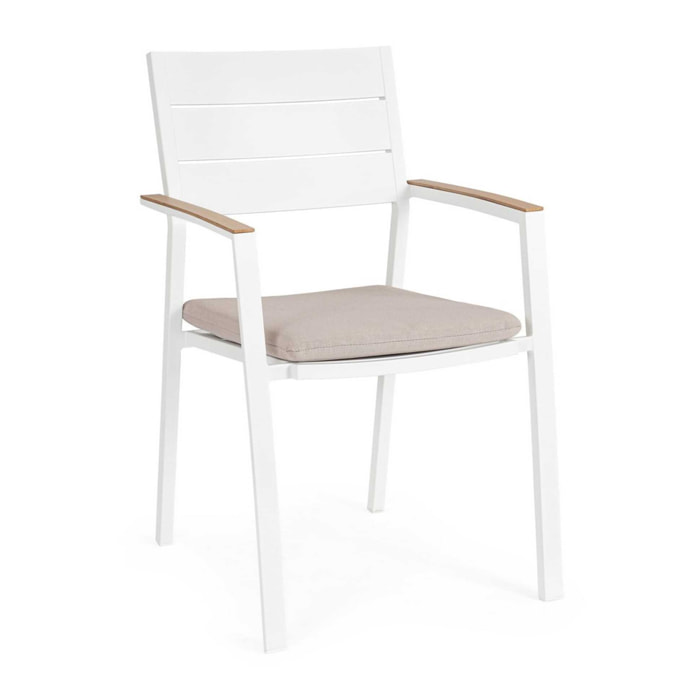 Set 4 sedie da giardino ZELMAR con cuscino tortora, braccioli effetto legno e struttura in alluminio bianco