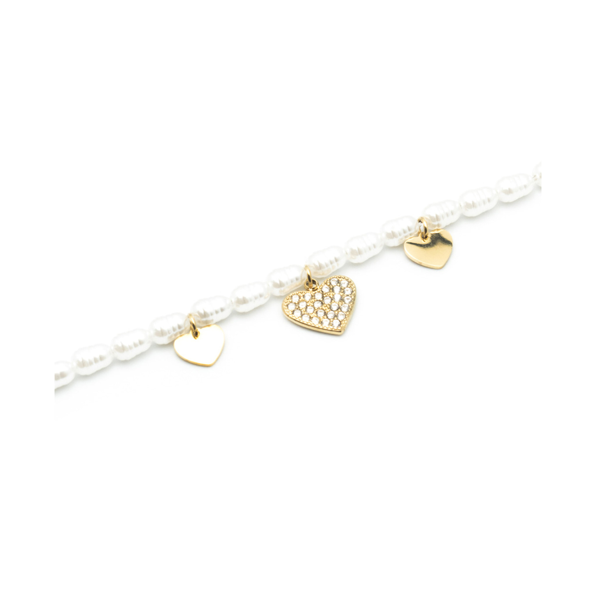 Bracciale con Catena di Cuori e Perle in Acciaio Dorato