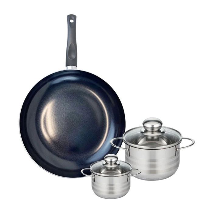 Ensemble de 1 Poêle de cuisson 32 cm et 2 faitouts 12 et 16 cm Elo Prima Brillant