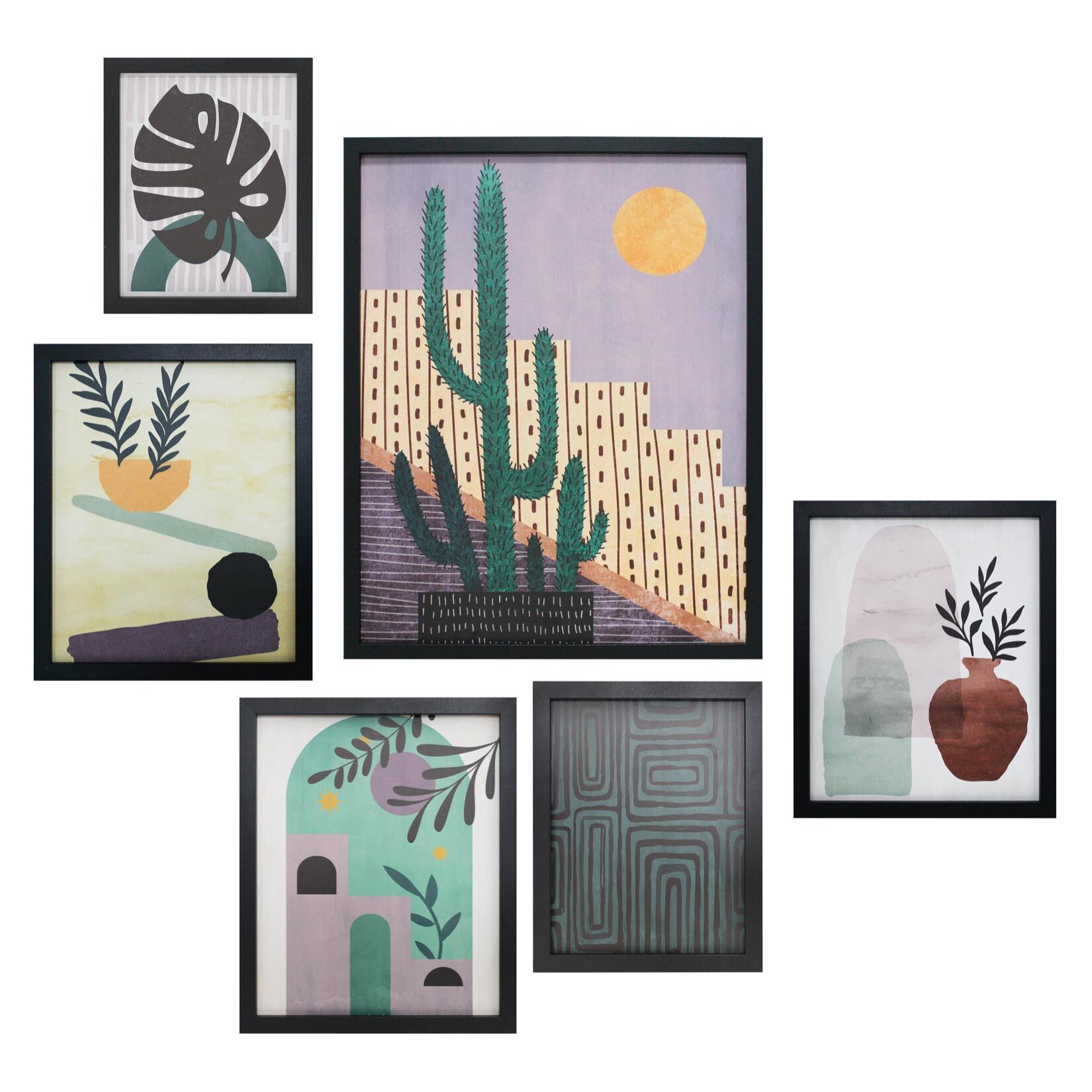 Set 6 cuadros México poliéster verde-lila-negro 50x40x4 cm