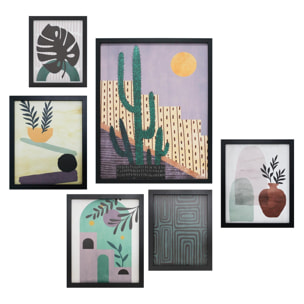 Set 6 cuadros México poliéster verde-lila-negro 50x40x4 cm