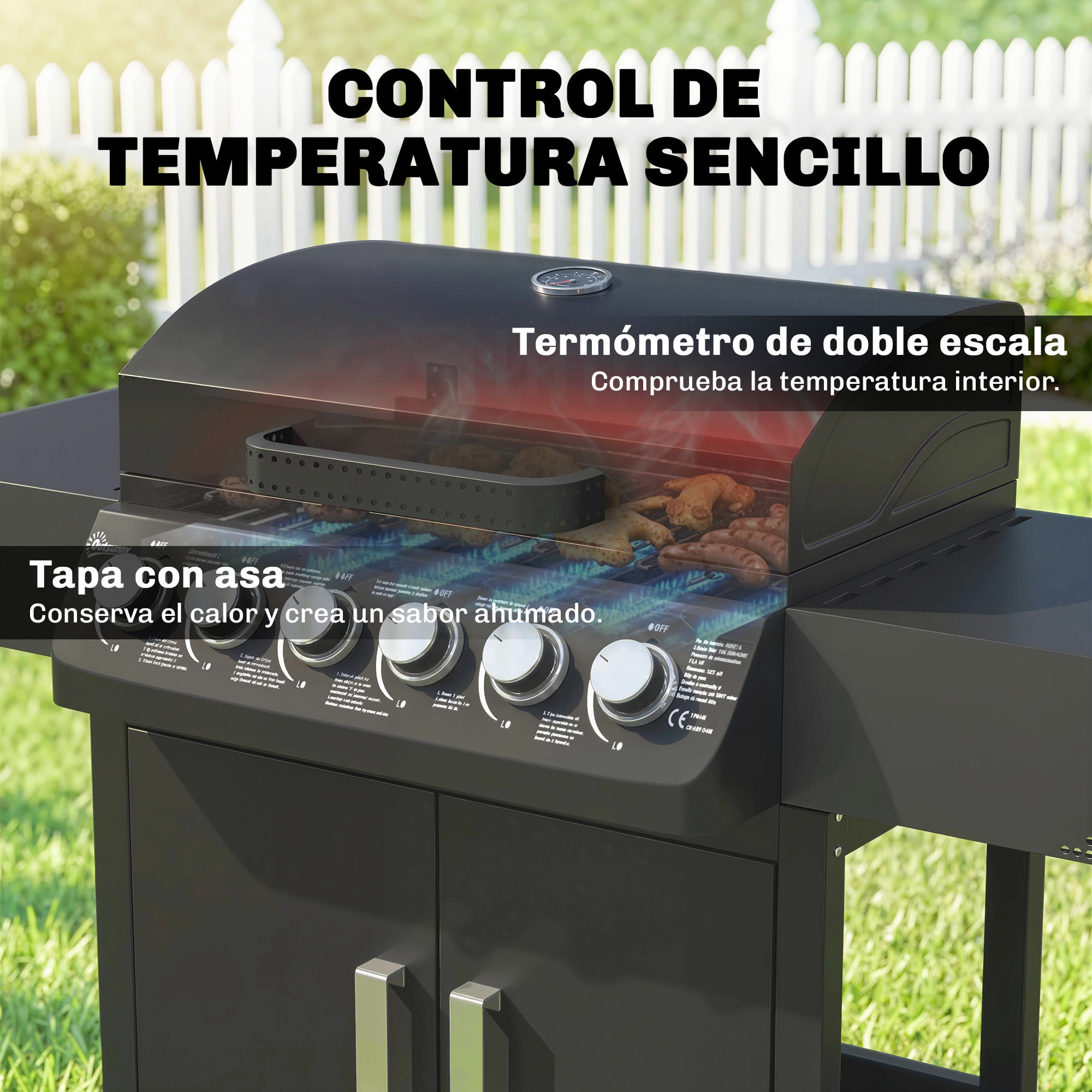 Barbacoa de Gas BBQ Gas con 6 Quemadores 15 kW, Barbacoa Portátil con Termómetro, Mesas Laterales, Armario, Rejilla Calentadora, Parrilla, Recogedor de Grasa, 2 Ruedas y Tapa, Negro