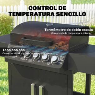 Barbacoa de Gas BBQ Gas con 6 Quemadores 15 kW, Barbacoa Portátil con Termómetro, Mesas Laterales, Armario, Rejilla Calentadora, Parrilla, Recogedor de Grasa, 2 Ruedas y Tapa, Negro