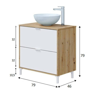 Mobile sottolavabo Bellegra, Mobiletto da bagno, Contenitore porta lavabo, Armadio per lavandino, 79x46 h79 cm, Rovere Nodi e Bianco lucido