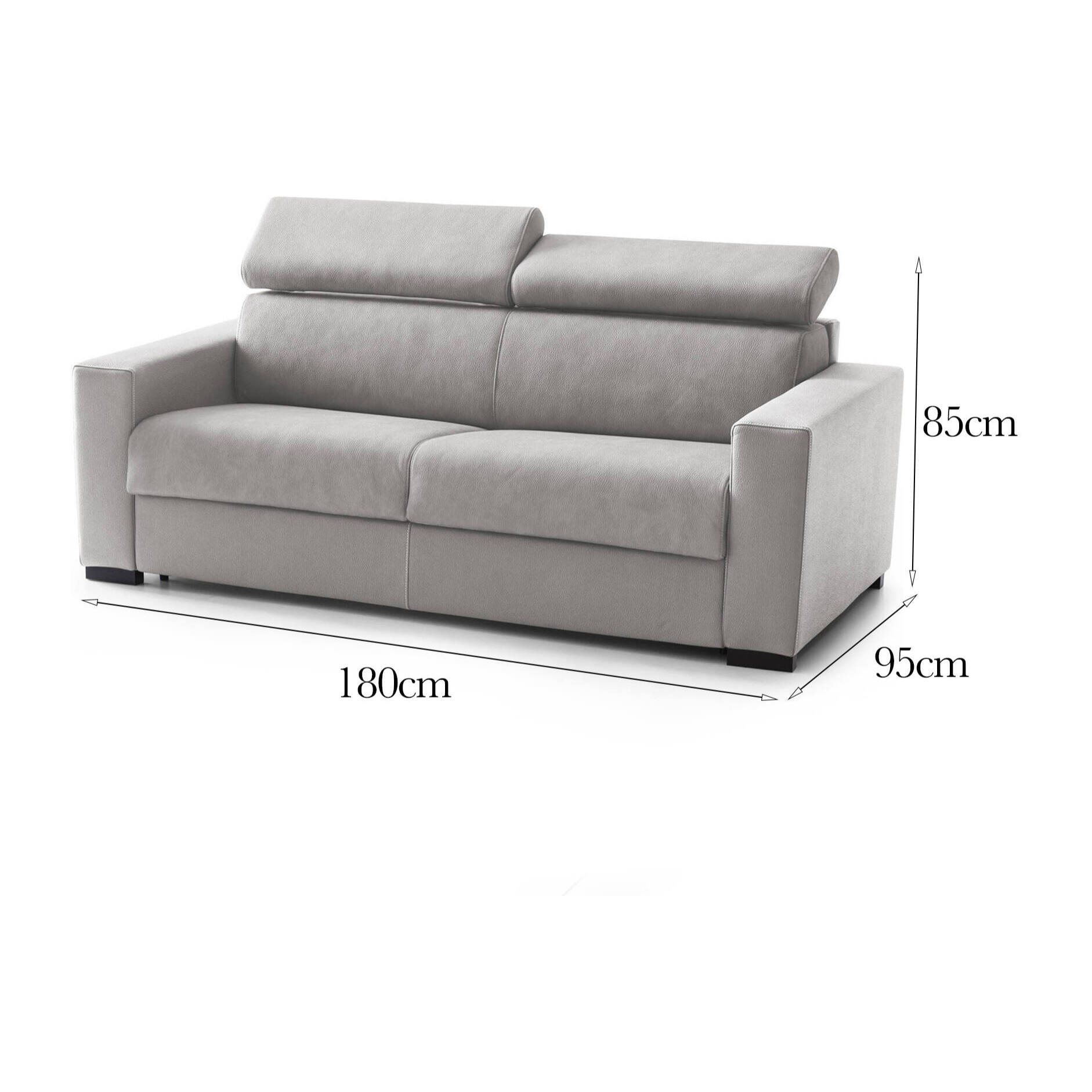 Divano fisso Leila, Divano a 2 posti, 100% Made in Italy, Sofà Soggiorno, in tessuto imbottito, con poggiatesta regolabili e Braccioli standard, Cm 180x95h85, Grigio