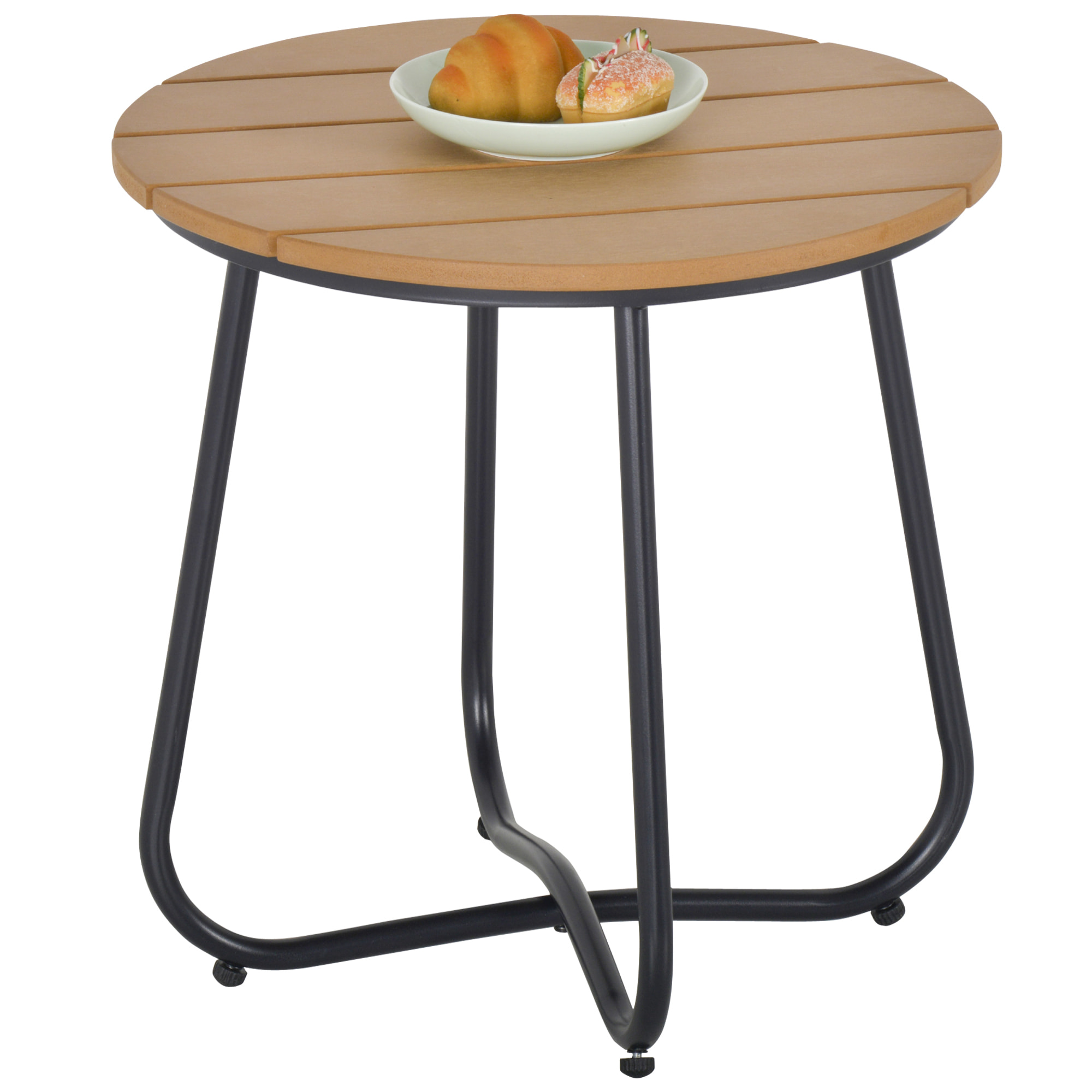 Mesa Auxiliar Redonda Mesa de Jardín Exterior con Diseño de Listones y Patas Ajustables Mesa para Exterior Terraza Patio Ø49x48 cm Natural y Negro