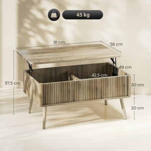 Mesa de Centro Elevable, Mesa de Café para Salón, Comedor, con Compartimentos Ocultos de Almacenaje y Patas de Pino, 91x56-80,5x43-57,5 cm, Roble
