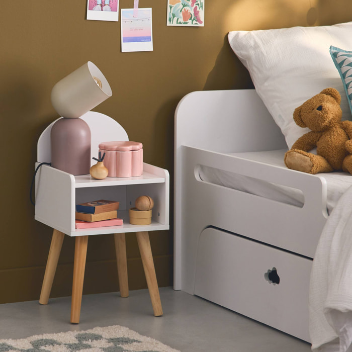 Table de chevet chambre enfant. blanc. pieds en pin
