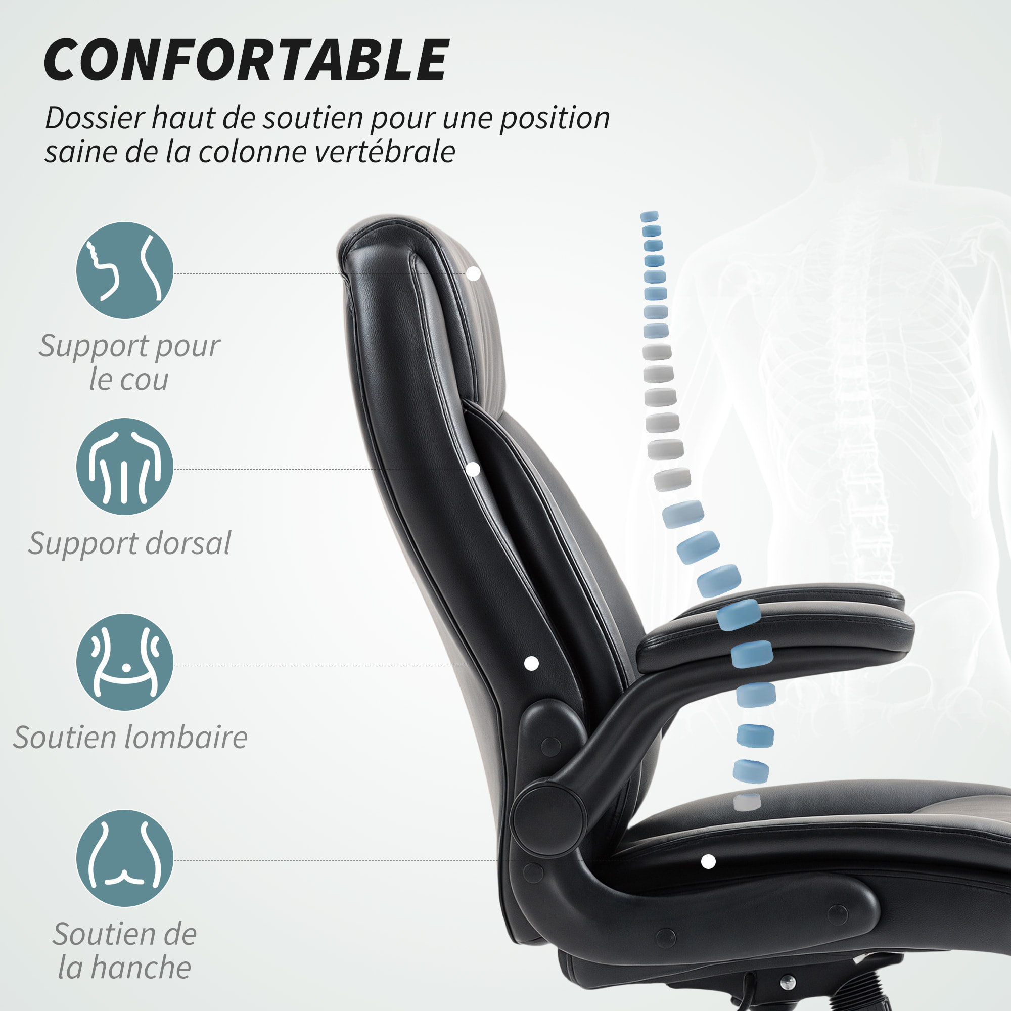 Chaise de bureau manager design réglable accoudoirs relevables acier synthétique noir