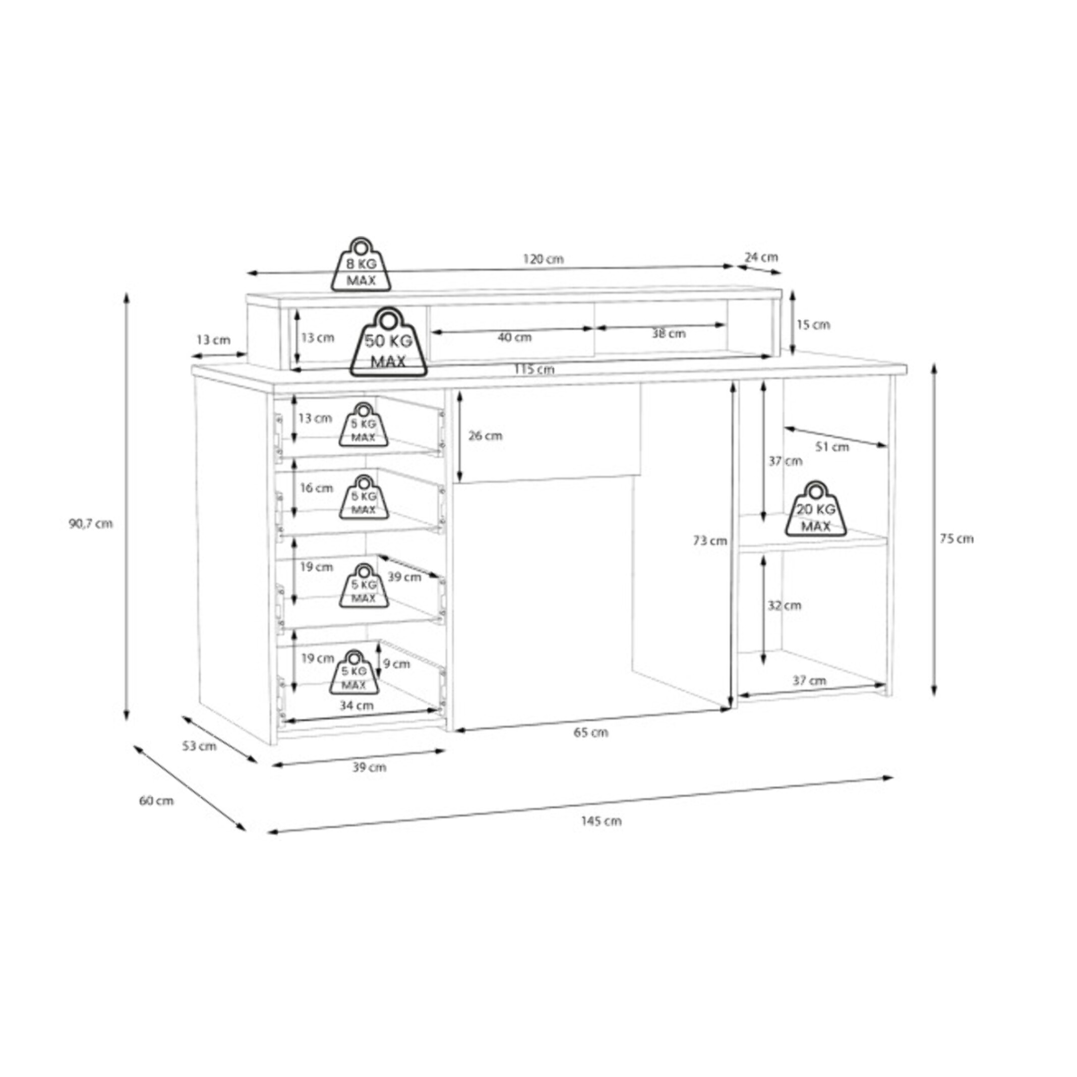 Bureau L145cm 4 tiroirs 1 porte 1 tablette décor gris et chêne - ELENA