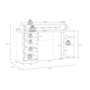 Bureau L145cm 4 tiroirs 1 porte 1 tablette décor gris et chêne - ELENA