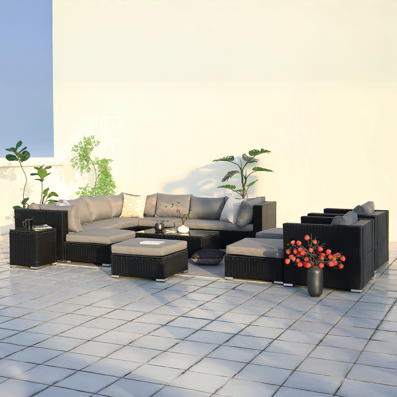 Salon de jardin modulable 13/14 places en résine tressée noir et gris SANSA