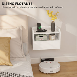 Juego de 2 Mesitas de Noche Flotantes con Estación de Carga, Mesillas de Noche Dormitorio, Cajón, Estante Abierto, Montado en la Pared, Estilo Moderno, para Sala de Estar, 40x29x29 cm, Blanco