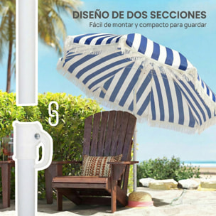 Sombrilla de Playa con Flecos Ø180 cm, Sombrilla de Terraza Exterior con Altura Ajustable, Inclinación 30°, Anclaje Arena y Bolsa de Transporte, Azul y Blanco