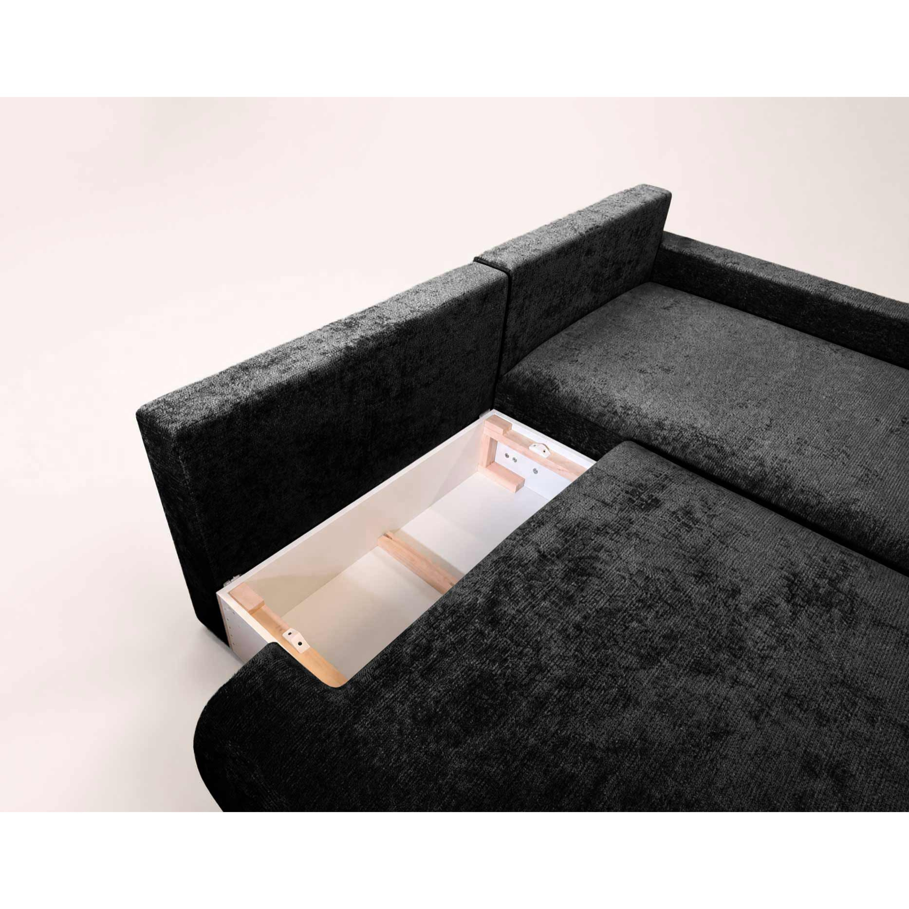 Pivoine - Canapé d'angle ouvert droit 4 places convertible avec coffre en tissu texturé - Noir