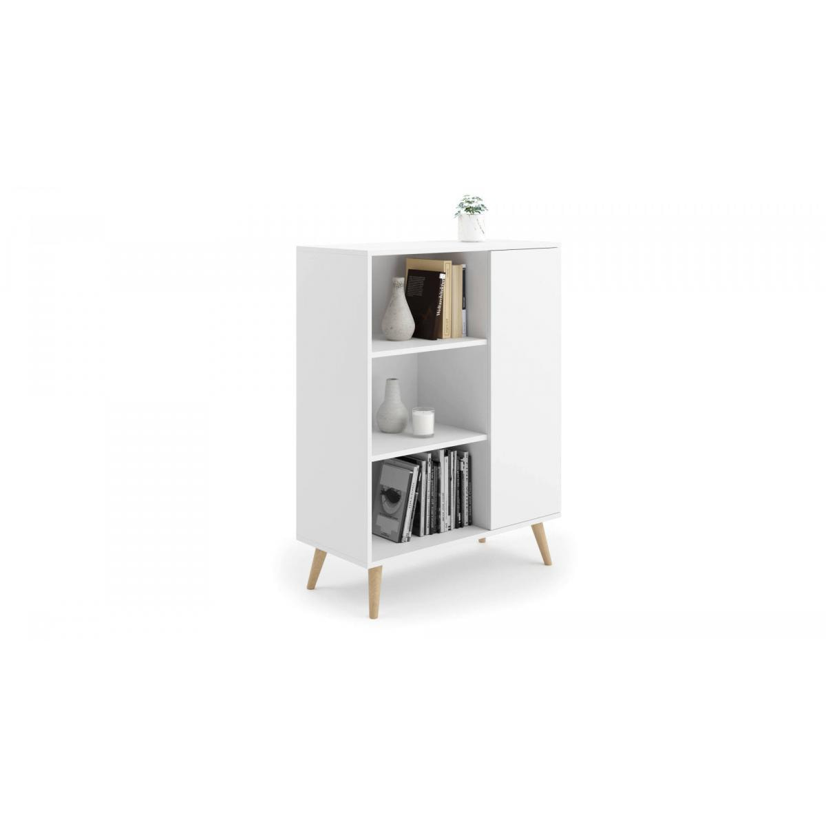 Credenza a 1 anta e 2 ripiani, Buffet con piedini, Madia da soggiorno in stile scandi, Libreria con scaffali, cm 40x90h116, colore Bianco