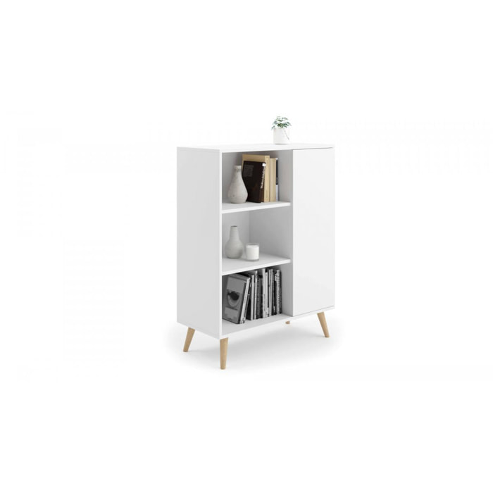 Credenza a 1 anta e 2 ripiani, Buffet con piedini, Madia da soggiorno in stile scandi, Libreria con scaffali, cm 40x90h116, colore Bianco