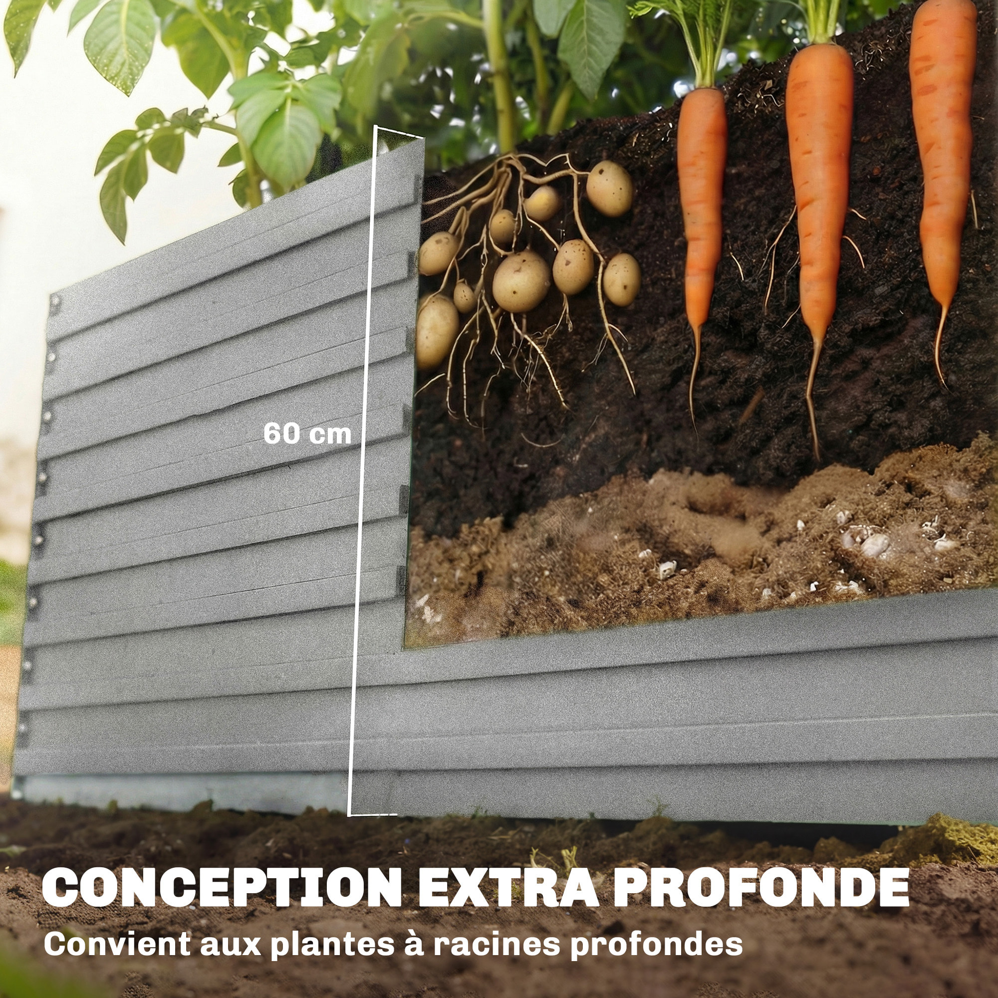 Carré potager jardinière dim. 240 x 120 x 60 cm tôle d'acier ondulée argent