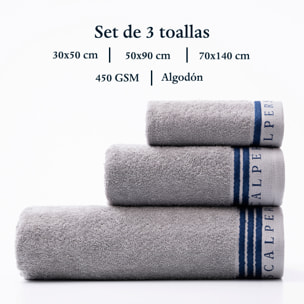 Set toallas baño (tocador 30x50cm + manos 50x90cm + baño 70x140cm) 450gsm en algodón gris con azul scalpers home
