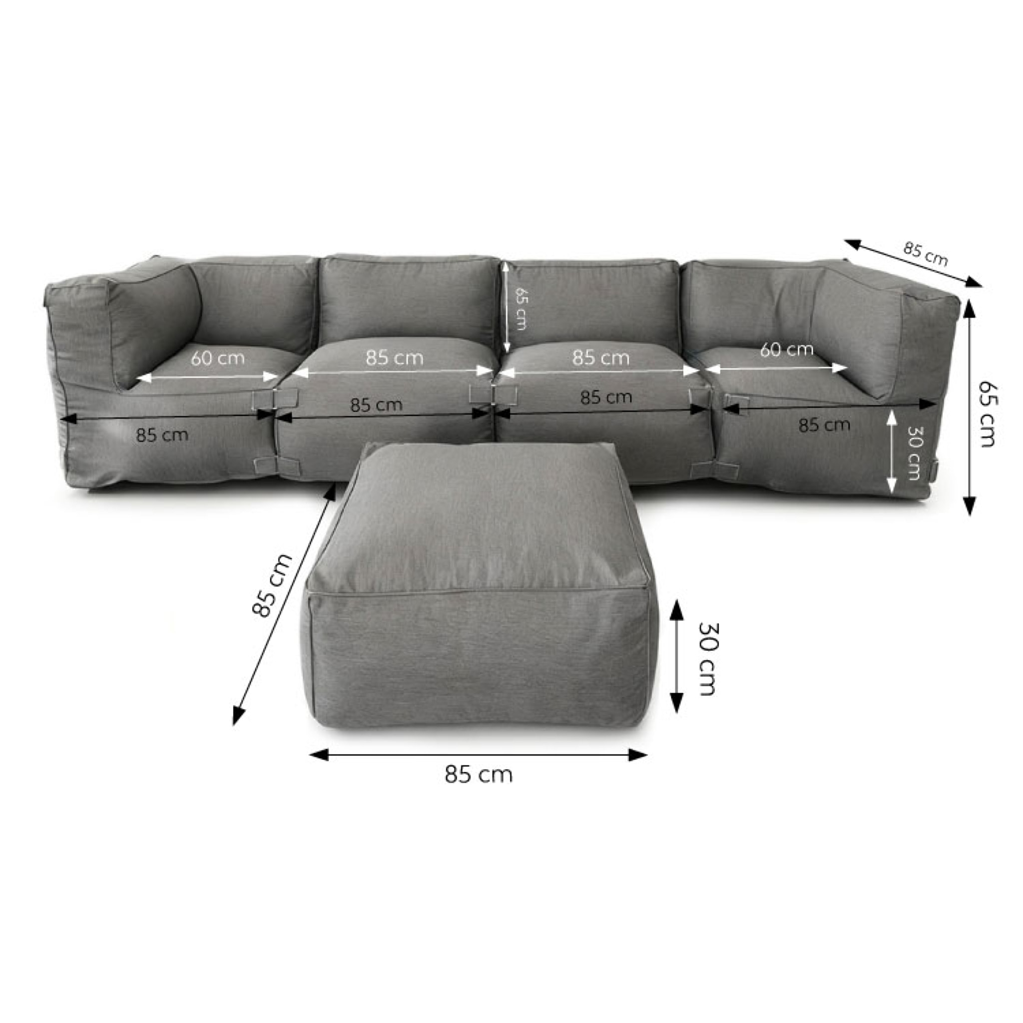 VERONE Salon de jardin modulable 5 places gris en tissu déperlant