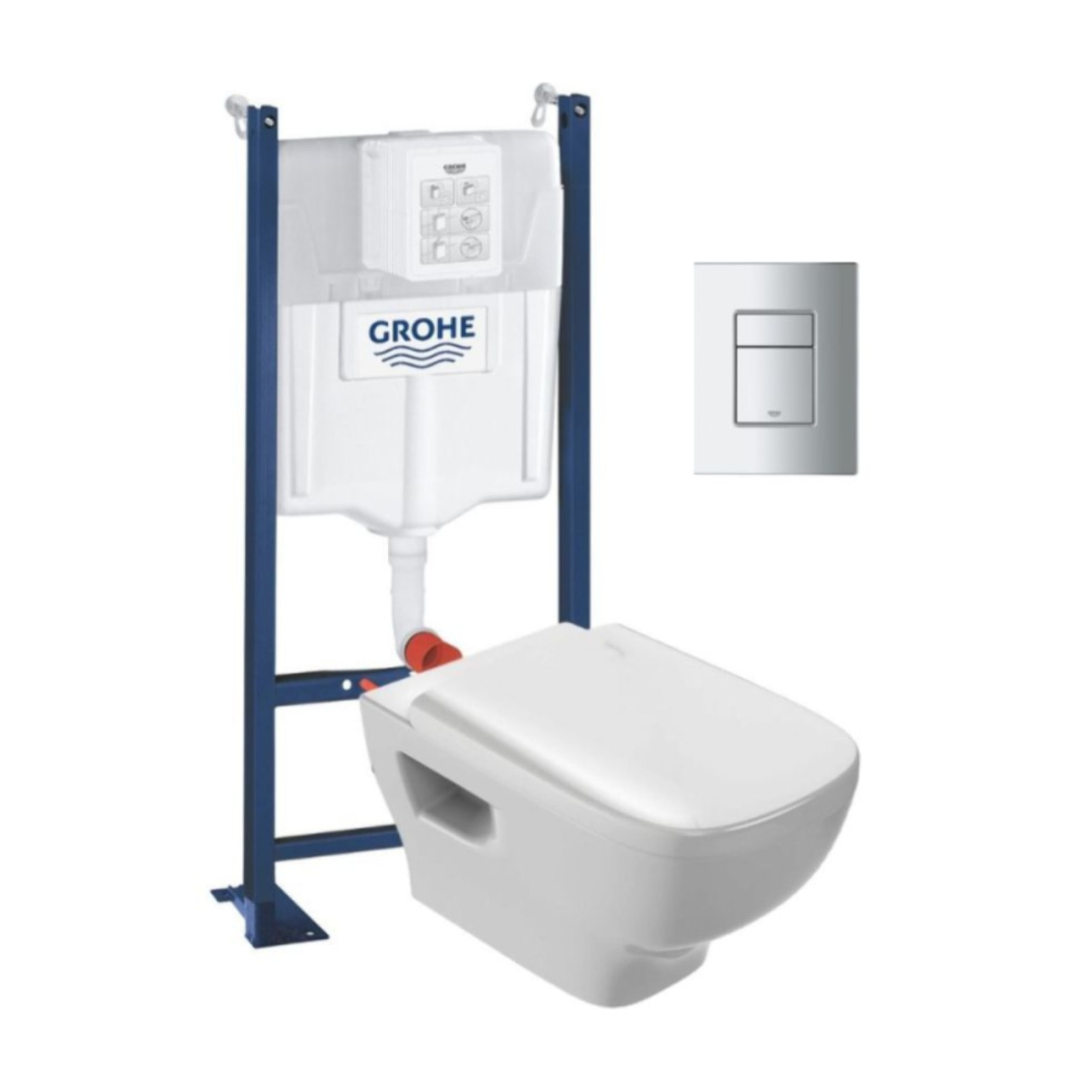 WC suspendu sans bride Jacob Delafon Struktura + abattant + Bâti support + Even Plaque de commande WC carré chromé