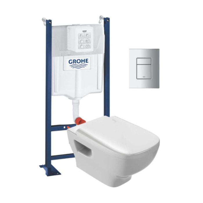 WC suspendu sans bride Jacob Delafon Struktura + abattant + Bâti support + Even Plaque de commande WC carré chromé