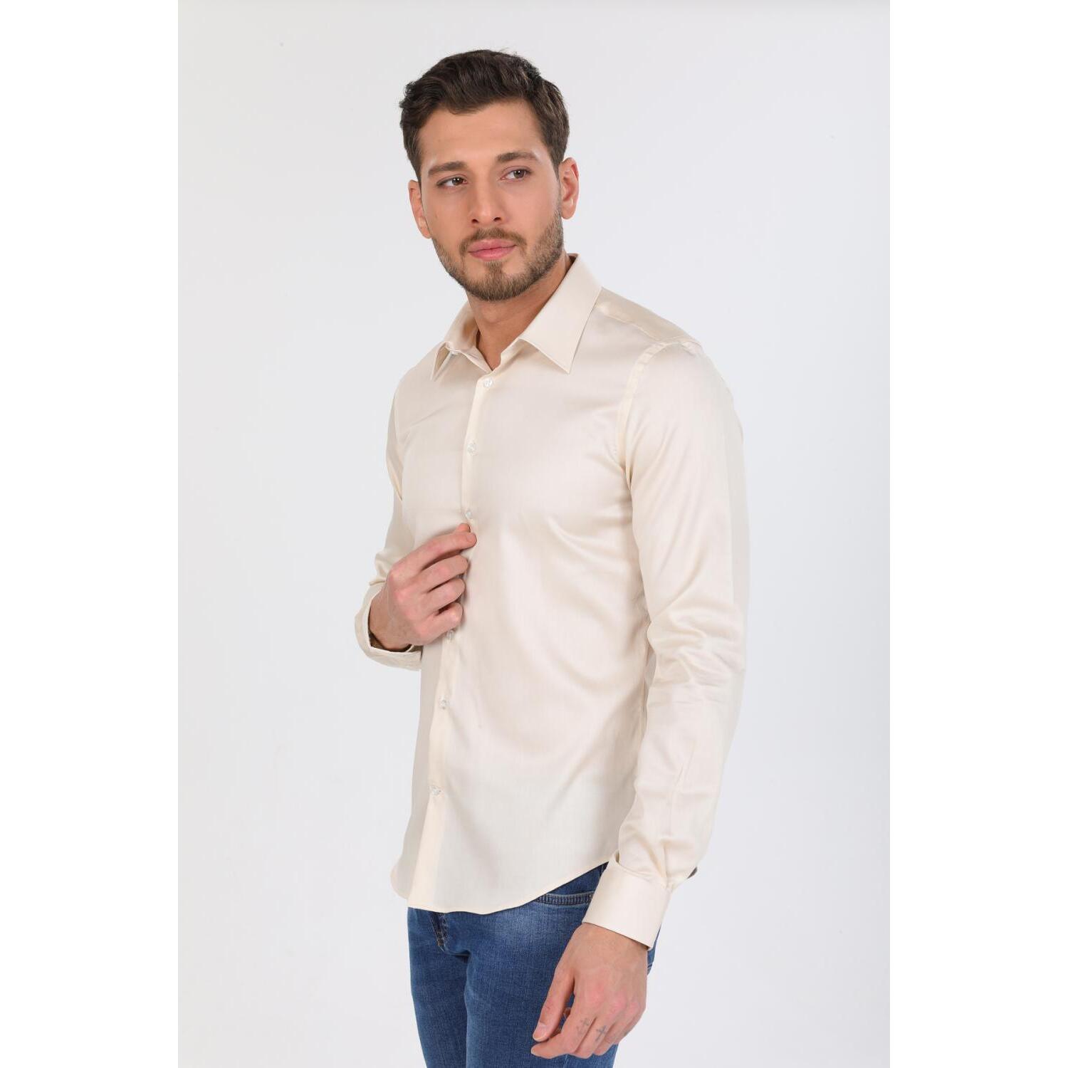 Camicia Uomo 1 Bottone Italiano Slim Satin Unito Champagne